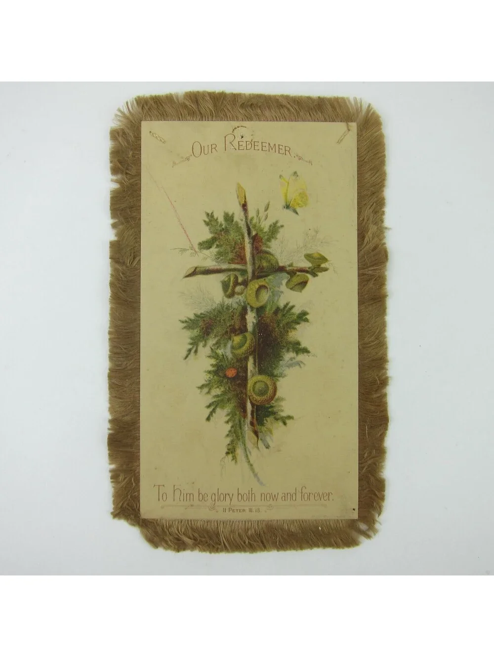 Victorian Card Easter Cross Branches Tree Bough Silk Fringe Double Sided Antique